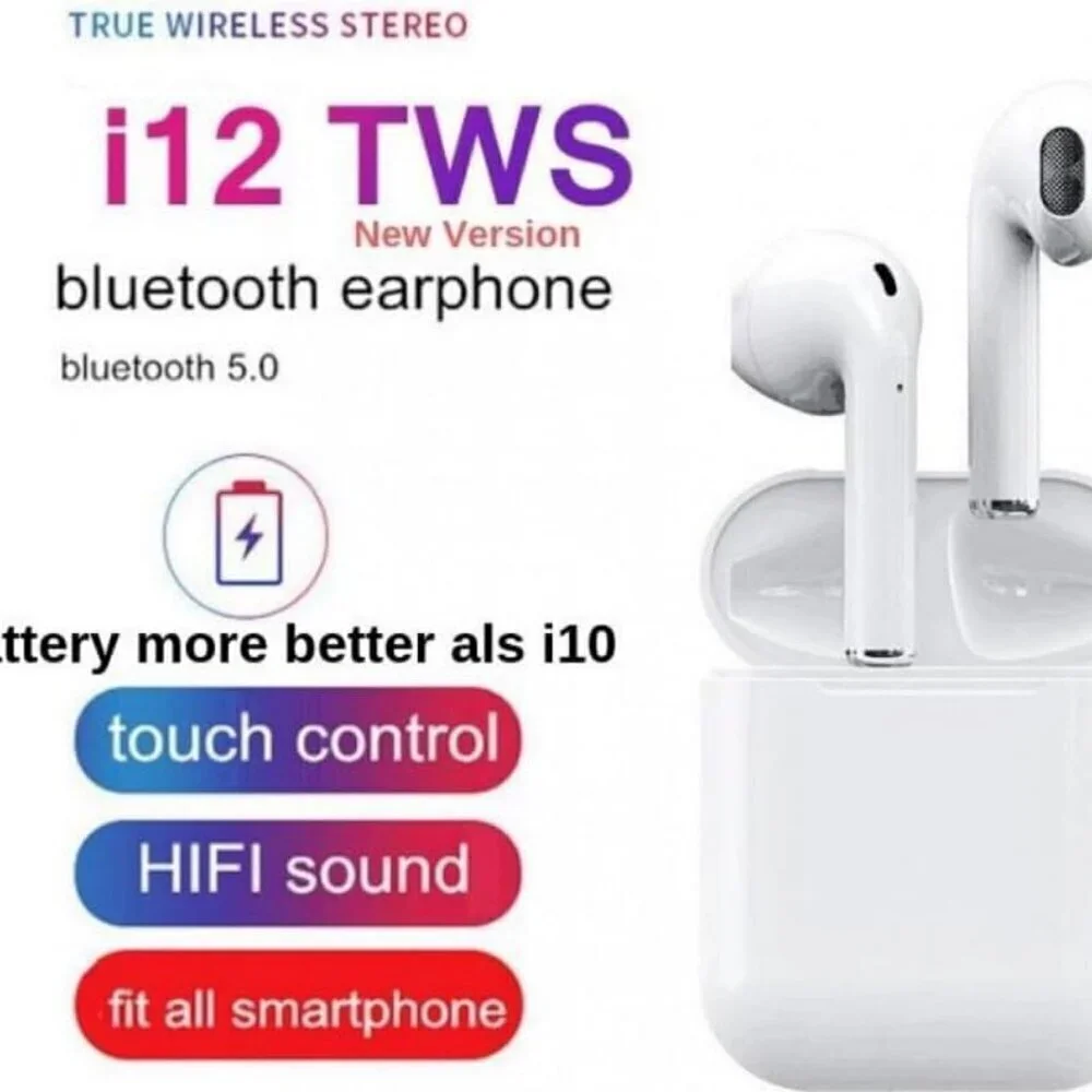 TWS True Wireless Stereo i12 Earbuds, White, Auto Pairing, Auto Power On -SEALED